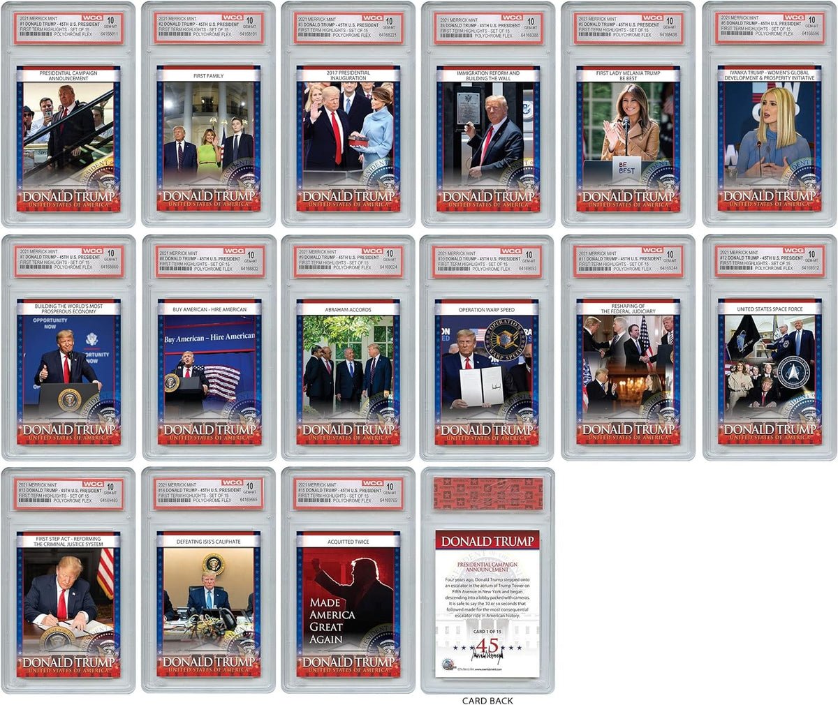 Merrick Mint DONALD TRUMP 45th U.S. 15-Card Set - ALL 15 Cards in GEM-MINT 10 Merrick Mint DONALD TRUMP 45th U.S. 15-Card Set - ALL 15 Cards in GEM-MINT 10