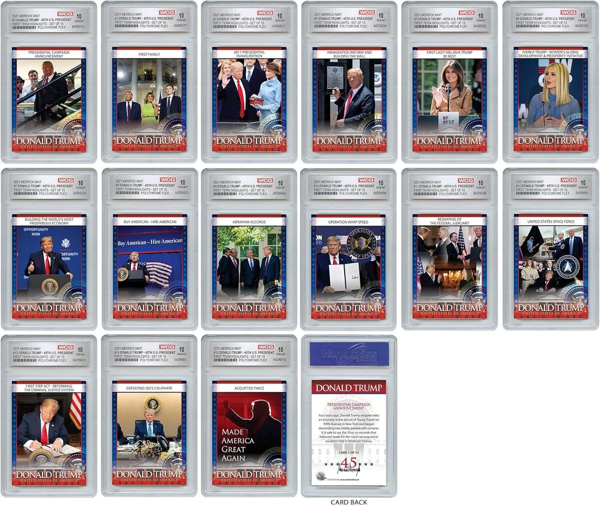 Merrick Mint DONALD TRUMP 45th U.S. 15-Card Set - ALL 15 Cards in GEM-MINT 10 Merrick Mint DONALD TRUMP 45th U.S. 15-Card Set - ALL 15 Cards in GEM-MINT 10